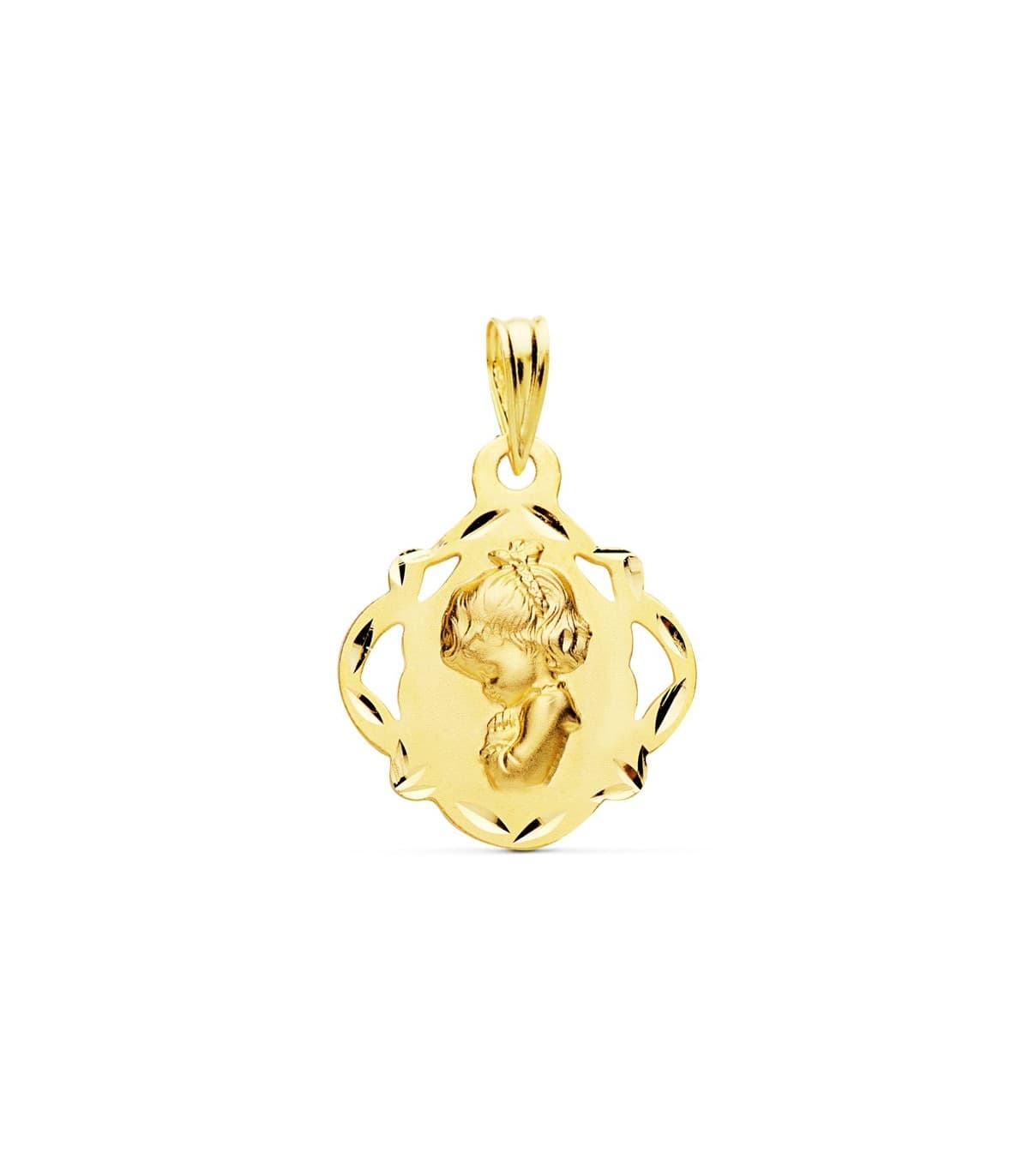 Medalla Virgen Niña Calada Oro Amarillo 18K joya personalizada comunión