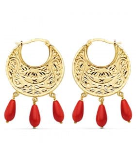 Aros Tallados Coral Oro Amarillo 18 K 32 MM