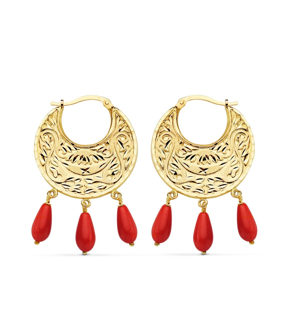 Créoles Facettées Corail Or Jaune 18 K 32 MM