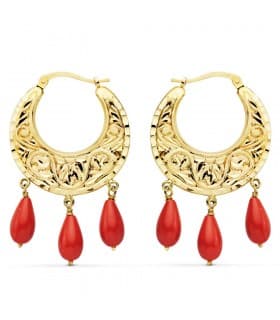 Aros Tallados Coral Oro Amarillo 18 K 25 MM