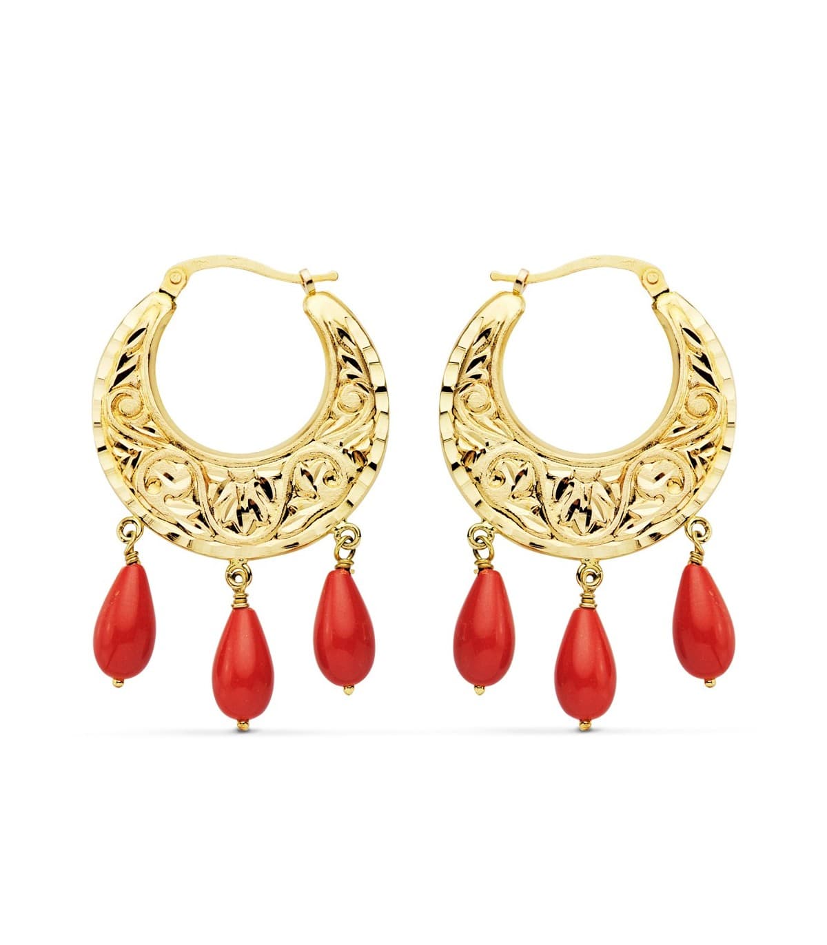 Aros Tallados Coral Oro Amarillo 18 K 25 MM