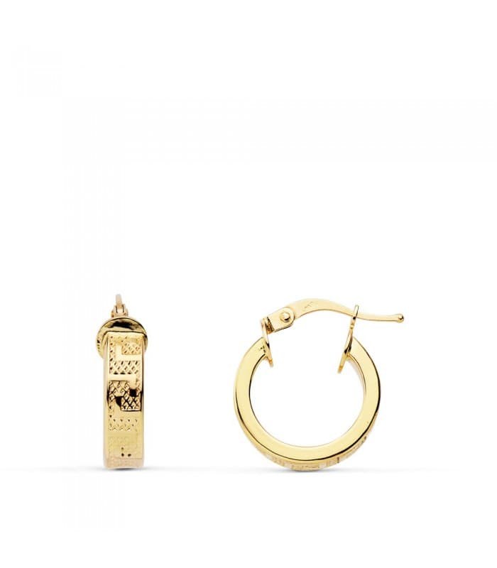 Aros Greca Herradura Oro Amarillo 18 Kilates 14 MM pendientes pequeños mujer aretes cuadrados rectos rectangulares