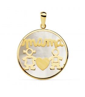 Pendentif Nacre Mamá Or Jaune 18K Silhouettes Garçon Fille 20mm
