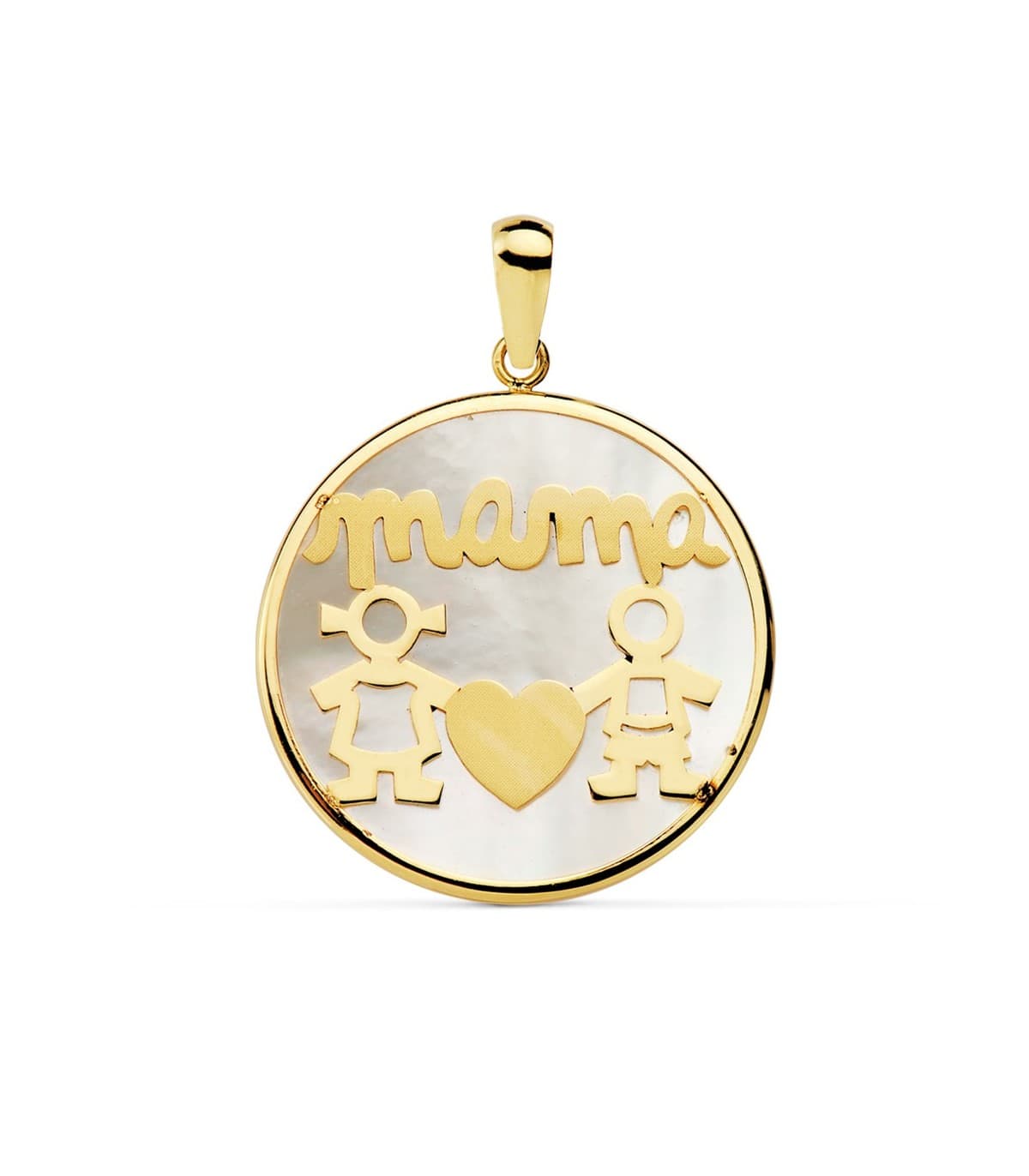 Pendentif Nacre Mamá Or Jaune 18K Silhouettes Garçon Fille 20mm