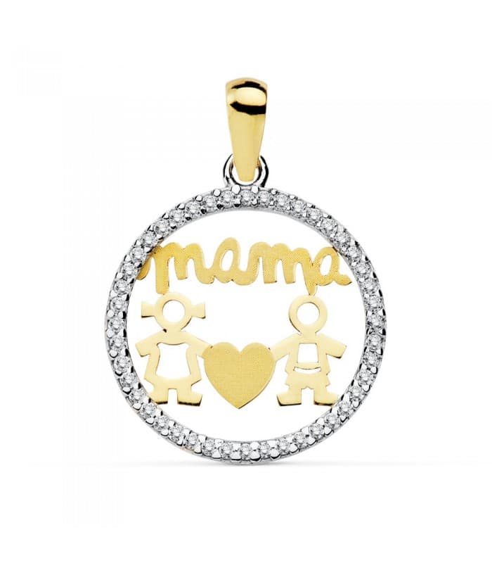 Colgante Mensaje Mamá Oro Bicolor Medallón Charm Siluetas dibujo Niño Niña 18K