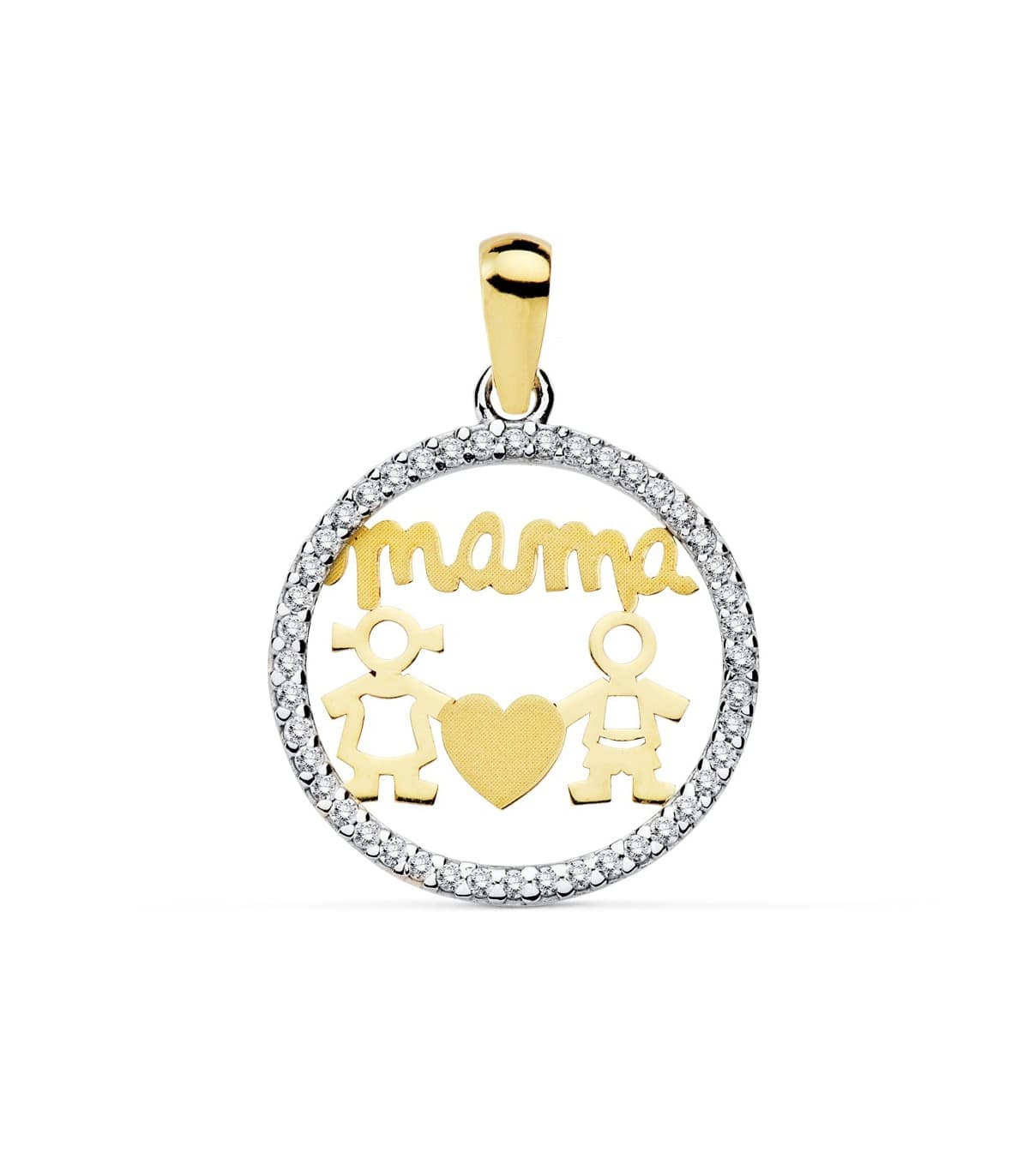 Colgante Mensaje Mamá Oro Bicolor Medallón Charm Siluetas dibujo Niño Niña 18K