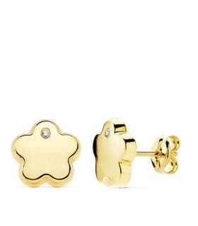 Orecchini Fiore Zircone oro giallo 750, 9 mm \ Orecchini a lobo da donna e ragazza.