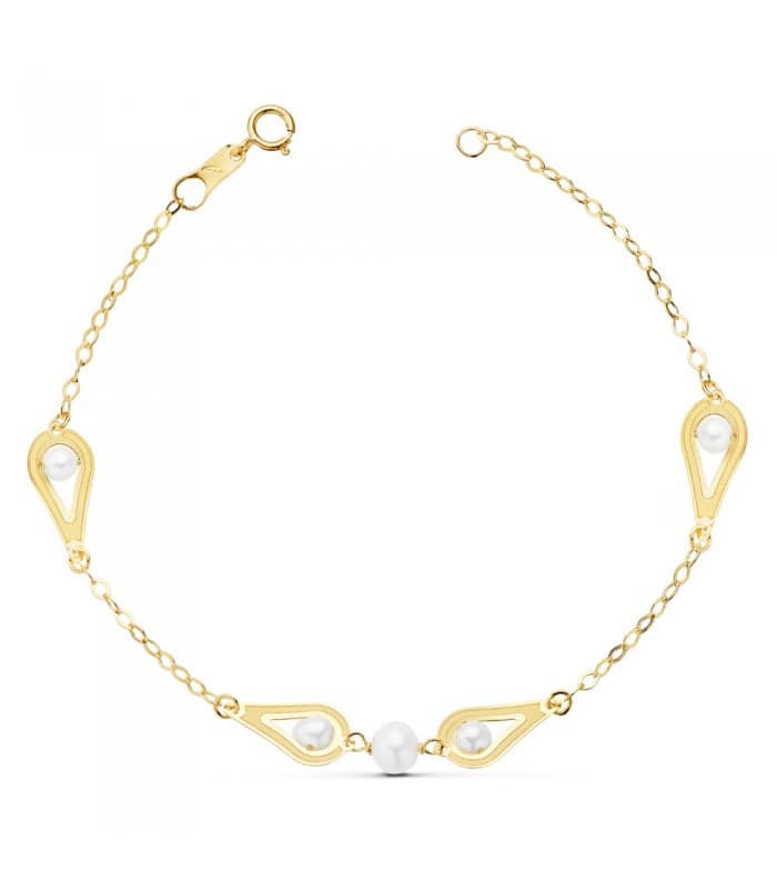 Pulsera Charo 1ª  Comunión Oro 18k 18 cm Motivos y Perlas