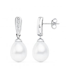 Orecchini oro bianco da donna con perle, a forma di goccia 24 mm
