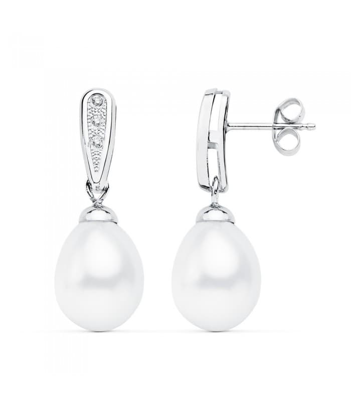 Orecchini oro bianco da donna con perle, a forma di goccia 24 mm
