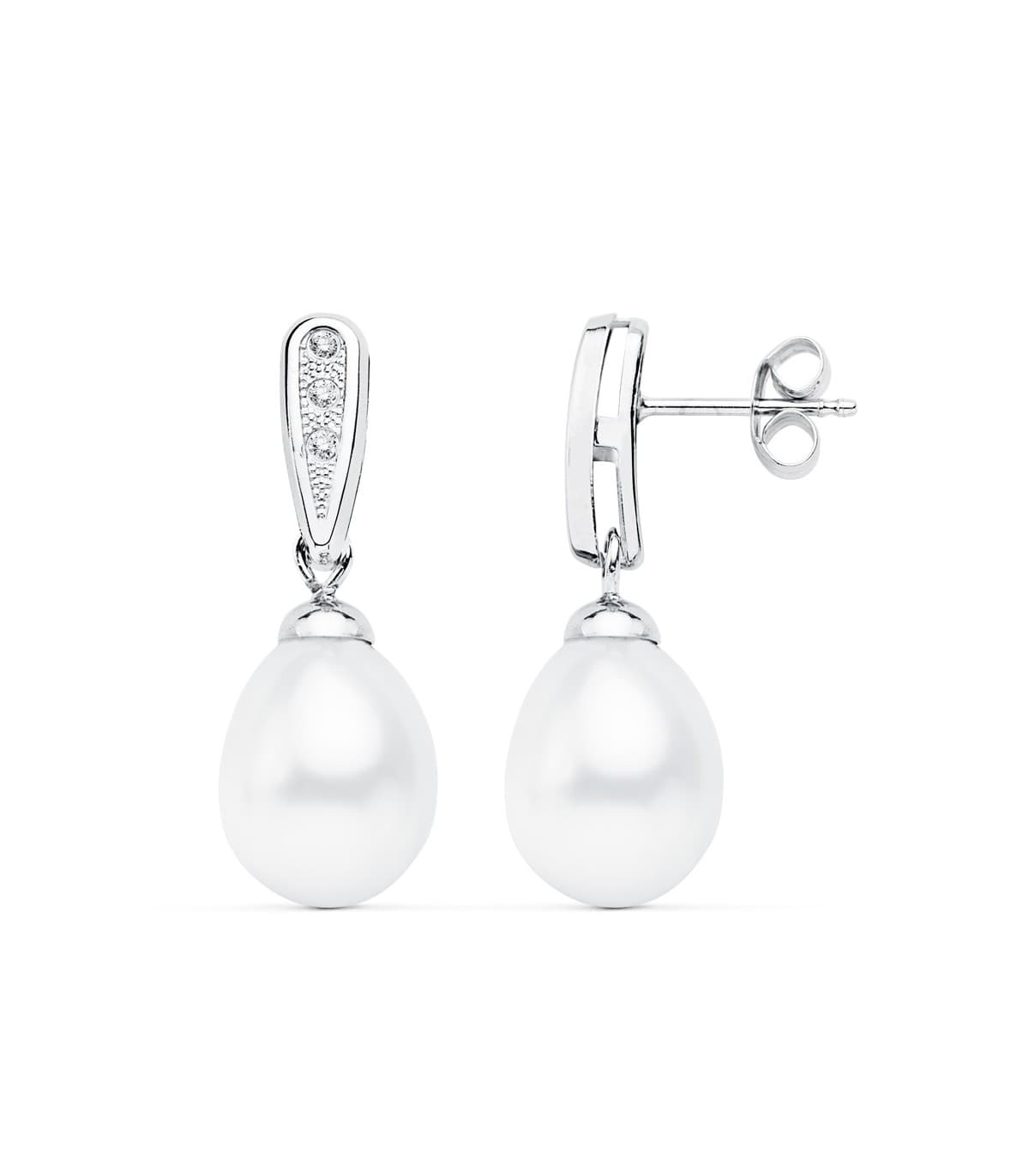 Orecchini oro bianco da donna con perle, a forma di goccia 24 mm