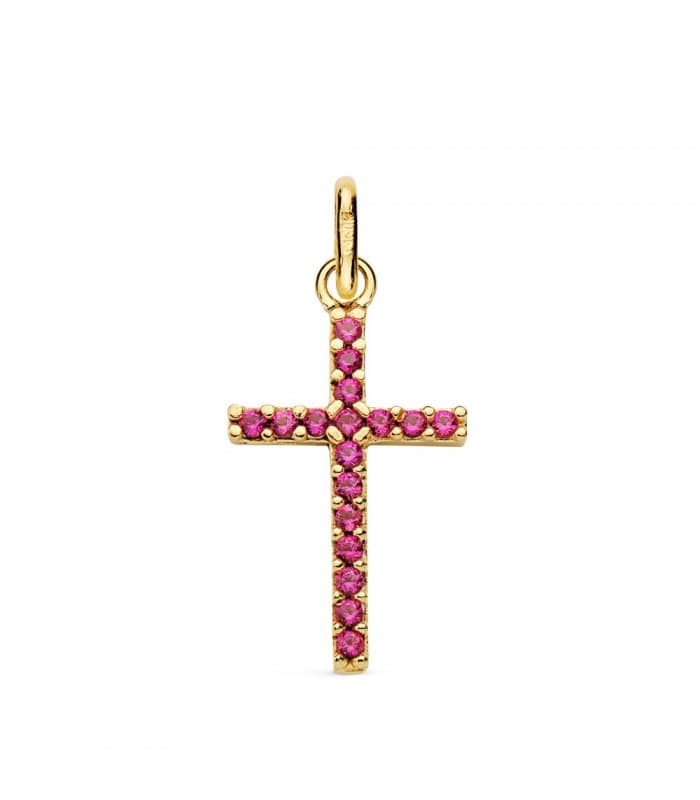 Ciondolo da donna Croce zirconi rosa, oro 18 kt, 16mm | Croce con pietre colorate