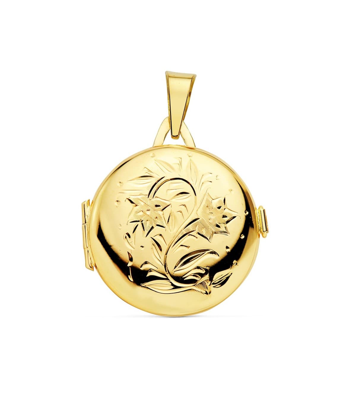 Ciondolo Portafoto tondo floreale oro 18 Kt 23 MM