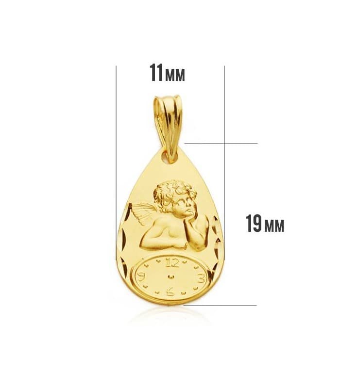 Medalla  ángel  y reloj gota oro 9ktes