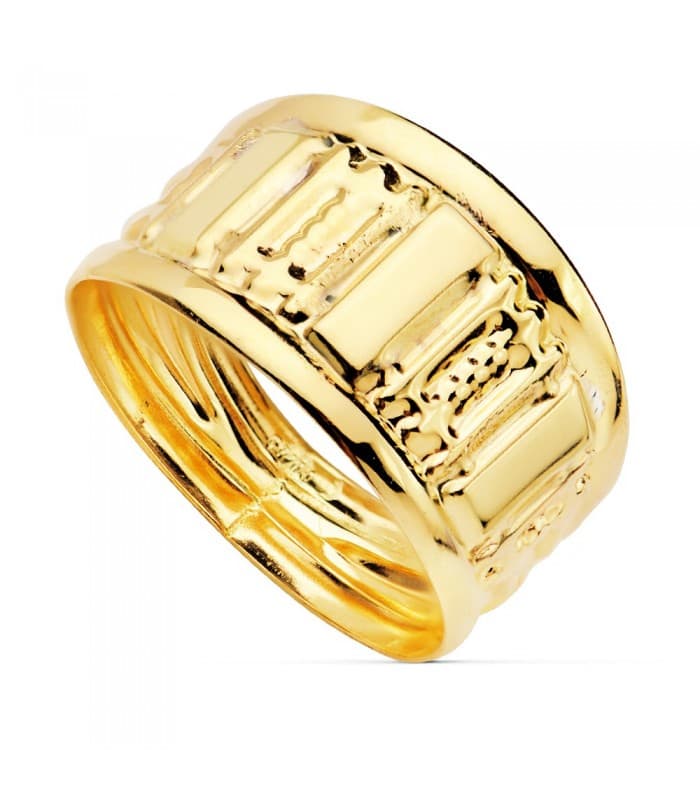 Sortija de mujer Oro Amarillo 18K Banda tallada anillo ancho