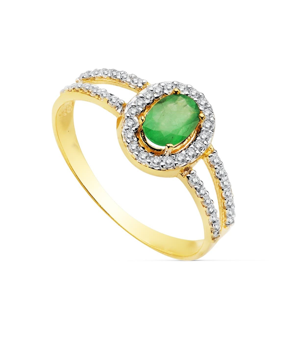 Halo-Ring mit Smaragd und Zirkonia, aus 18K Weiß- und Gelbgold | Damenring „Galya“