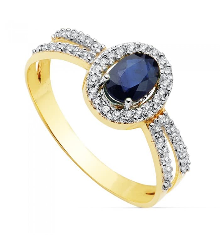 Halo-Ring mit Saphir und Zirkonia, aus 18K Weiß- und Gelbgold | Damenring „Gianella“