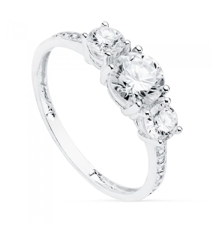 Anello di fidanzamento oro bianco 18kt Gretha, Anello Trilogy con tre pietre tonde