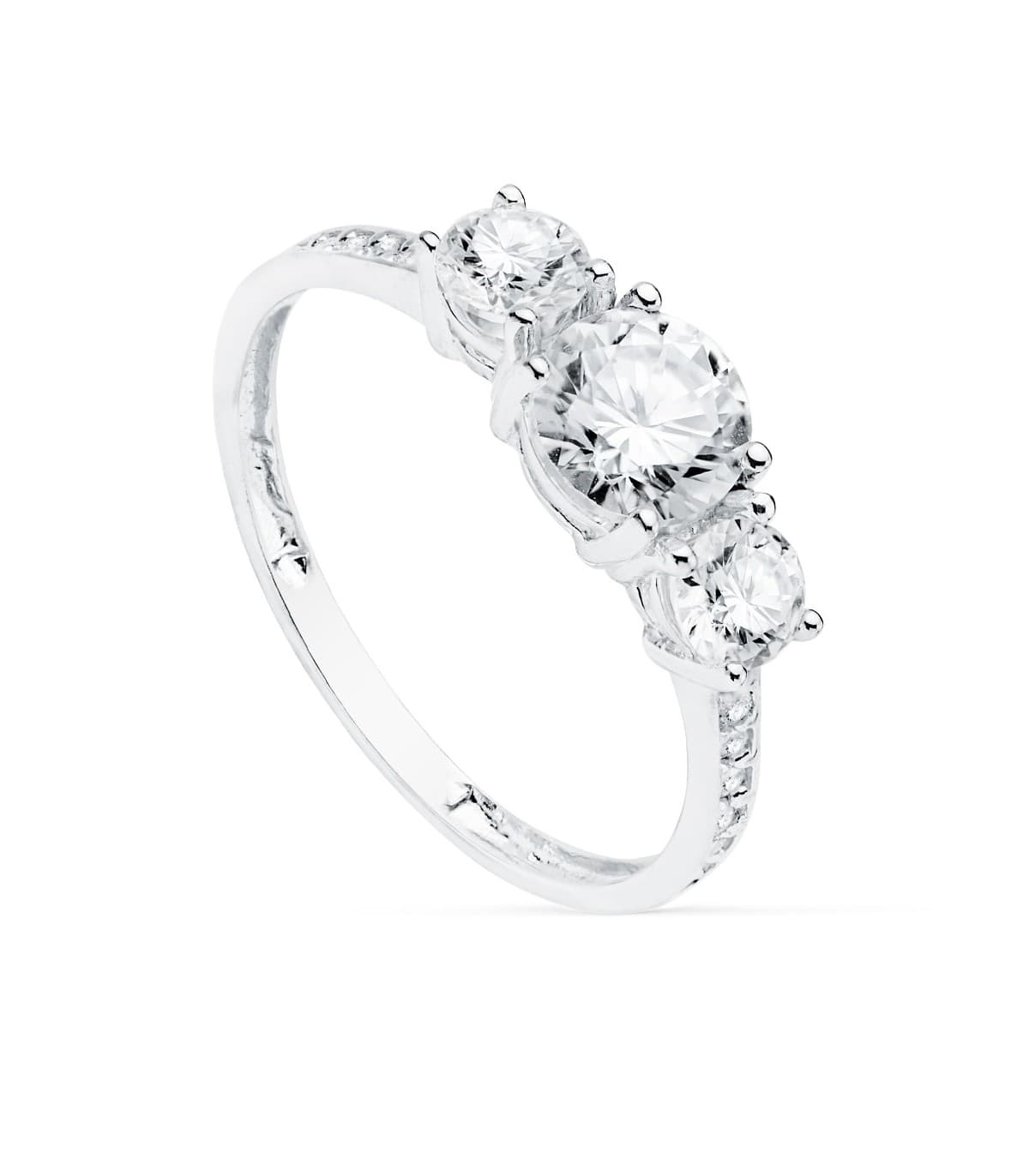 Anello di fidanzamento oro bianco 18kt Gretha, Anello Trilogy con tre pietre tonde