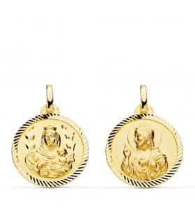 Scapolare del Carmelo e  Sacro Cuore Oro 18Kt 18 mm rigato - Medaglia battesimo