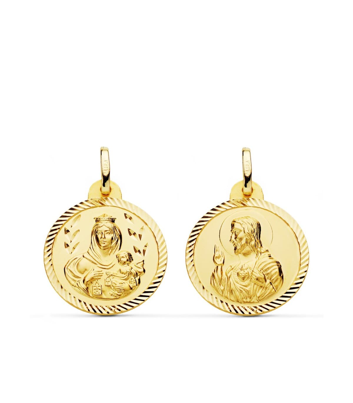 Escapulario Virgen Carmen y Corazón Jesús Medalla Oro 18k hélice 20 mm