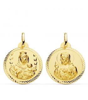 Escapulario Virgen Carmen y Corazón Jesús Medalla Oro 18k hélice 22 mm