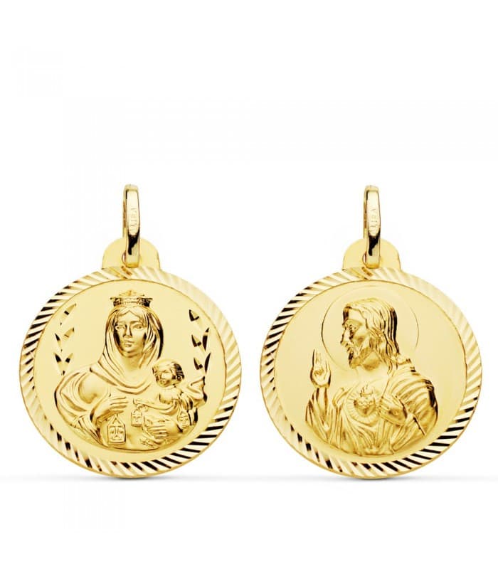 Escapulario Virgen Carmen y Corazón Jesús Medalla Oro 18k hélice 22 mm