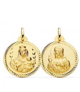 Escapulario Virgen Carmen y Corazón Jesús Medalla Oro 18k hélice 24 mm