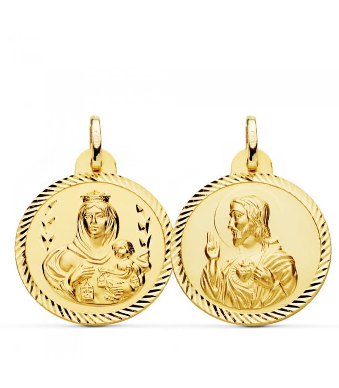 Scapulaire Vierge du Carmel et Coeur de Jésus Or 18K Facetté 24mm