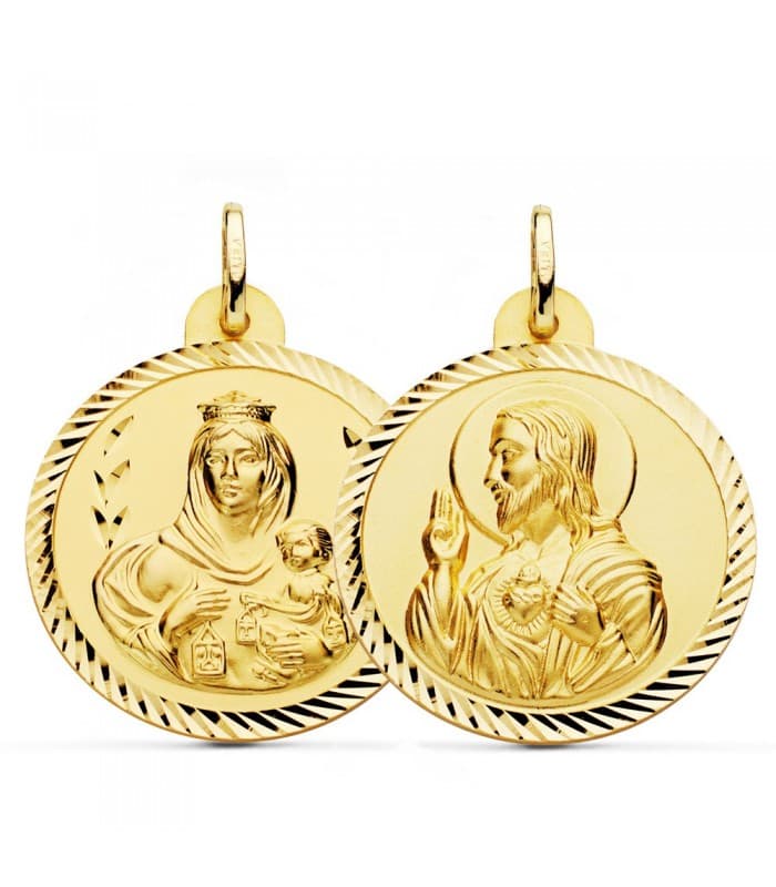 Escapulario Virgen Carmen y Corazón Jesús Medalla Oro 18k hélice 28 mm