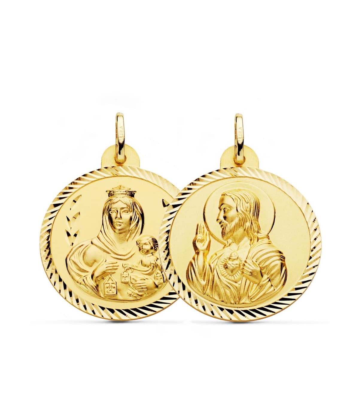 Escapulario Virgen Carmen y Corazón Jesús Medalla Oro 18k hélice 28 mm