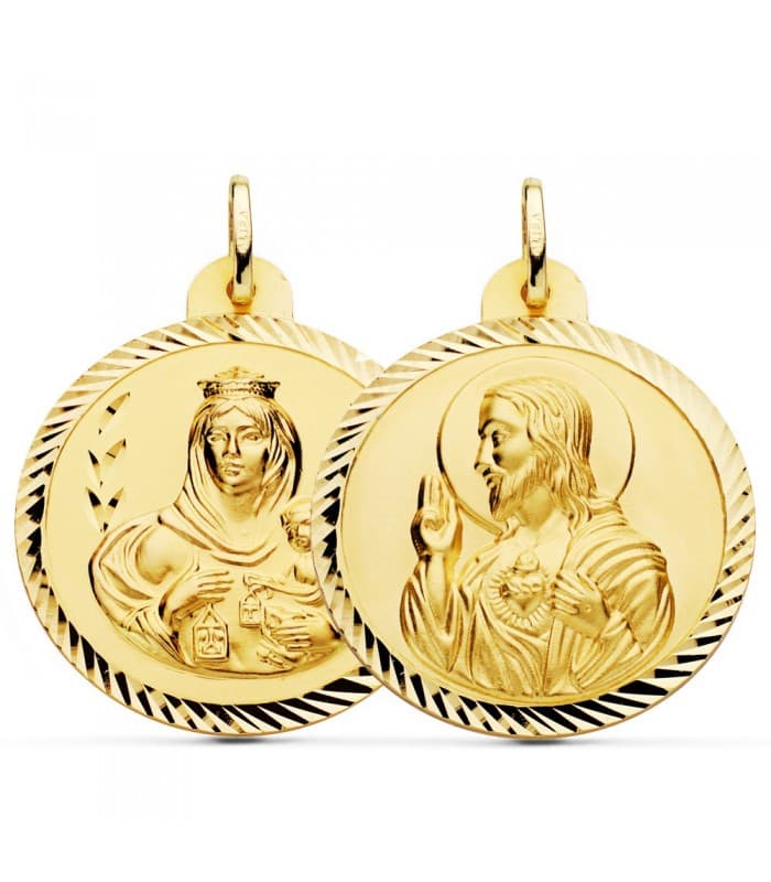 Scapulaire Vierge du Carmel et Sacré Coeur Or 18K Facetté 30mm