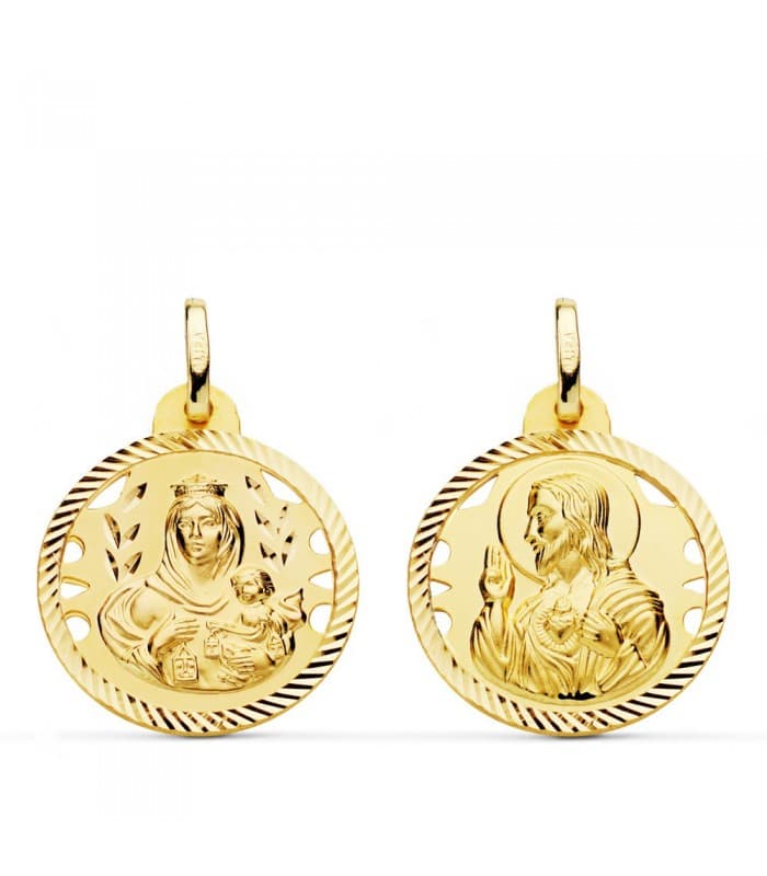 Scapulaire Vierge du Mont Carmel et Sacré Coeur Or 18 K 20mm Ajourée