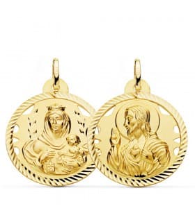 Escapulario V. del Carmen y Corazón de Jesús Oro 18k 26 mm Calados