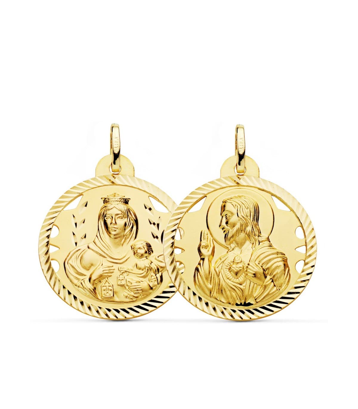 Escapulario V. del Carmen y Corazón de Jesús Oro 18k 26 mm Calados