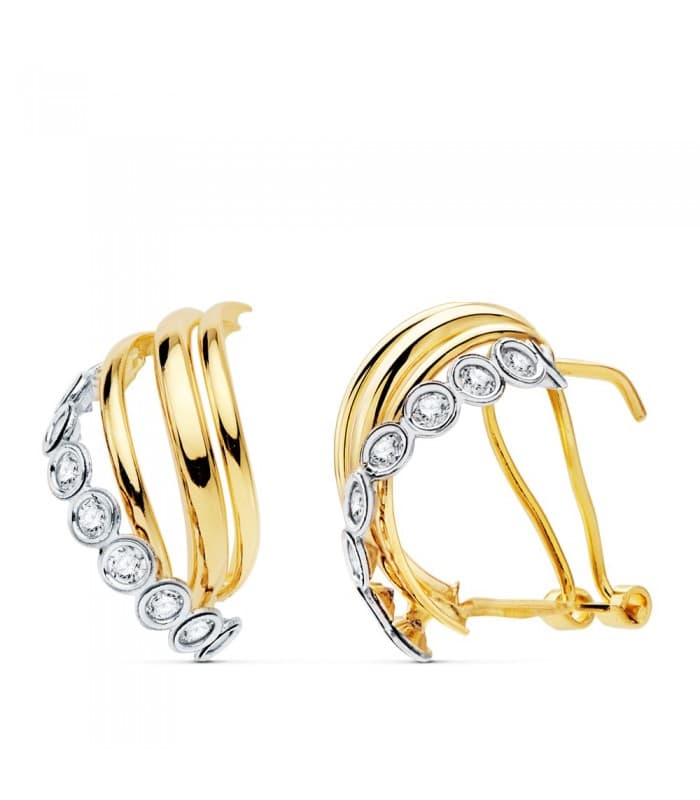Pendientes de mujer Aslaug Oro Bicolor 18 ktes Pendientes Señora Bandas Onduladas Cierre Omega