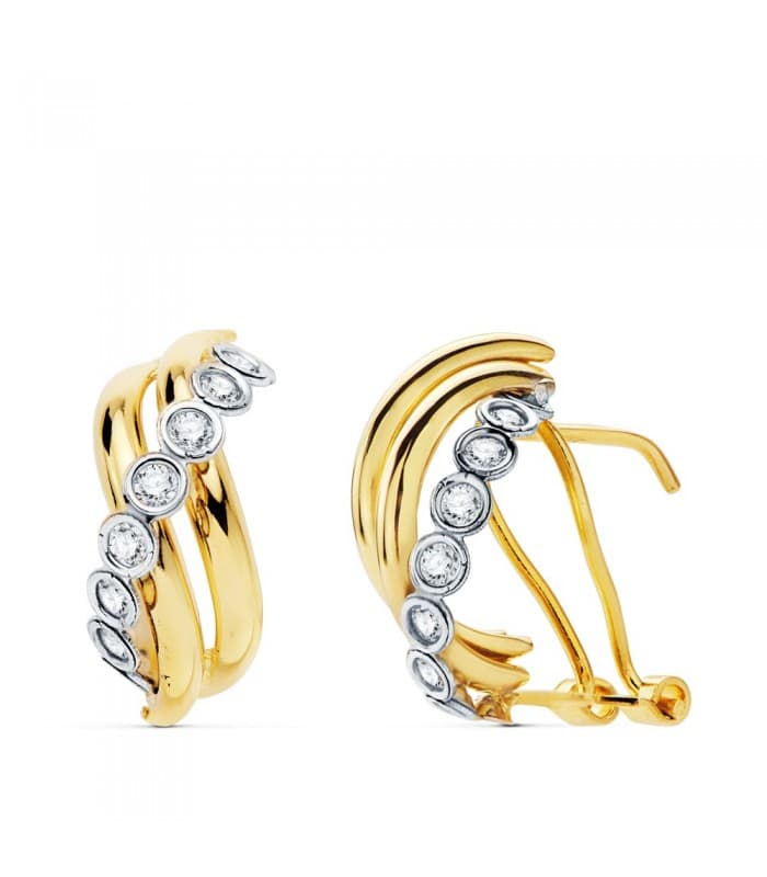 Pendientes elegantes de mujer Eleonora Oro Bicolor 18 ktes Bandas Onduladas Cierre Omega
