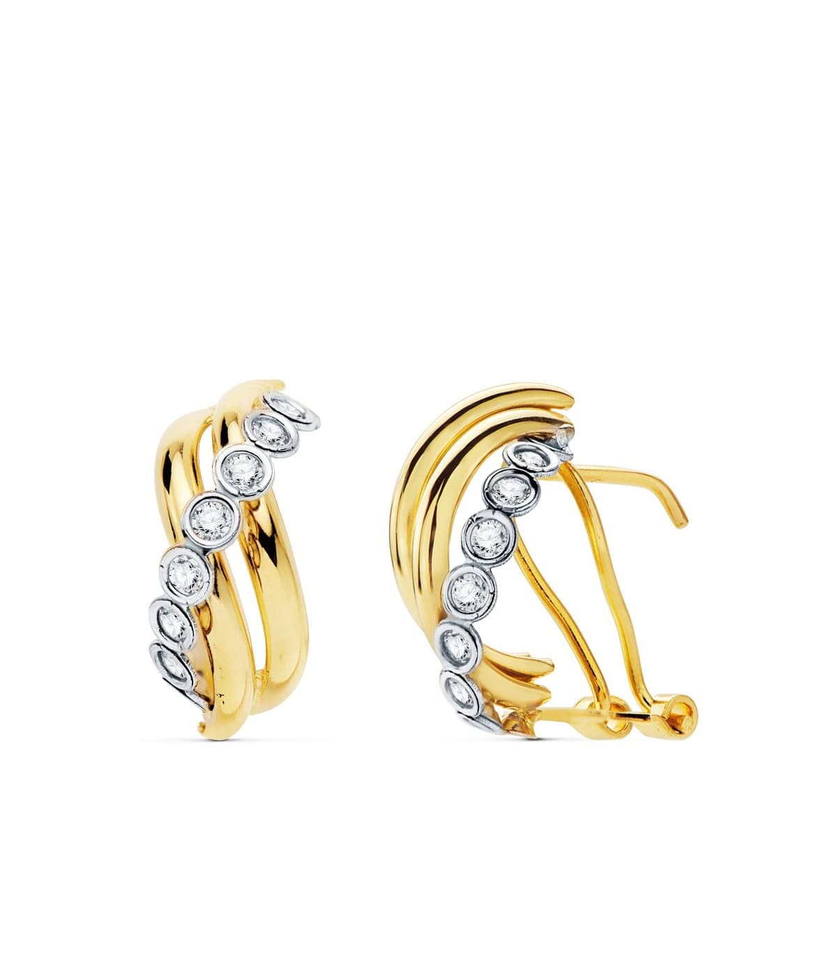 Pendientes elegantes de mujer Eleonora Oro Bicolor 18 ktes Bandas Onduladas Cierre Omega