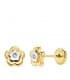 Pendientes Flor Judit Oro Bicolor 18K 6mm niña hipoalergenicos cierre rosca tuerca circonita gemas