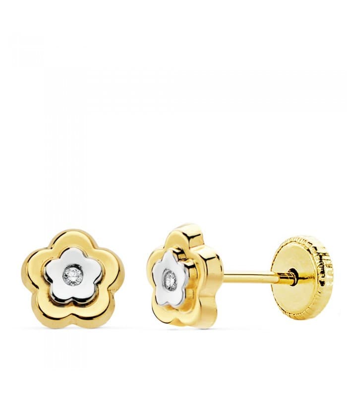 Pendientes Flor Judit Oro Bicolor 18K 6mm niña hipoalergenicos cierre rosca tuerca circonita gemas