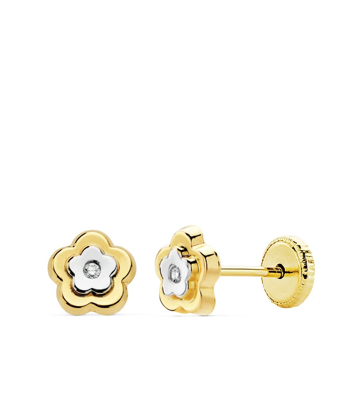 Pendientes Flor Judit Oro Bicolor 18K 6mm niña hipoalergenicos cierre rosca tuerca circonita gemas