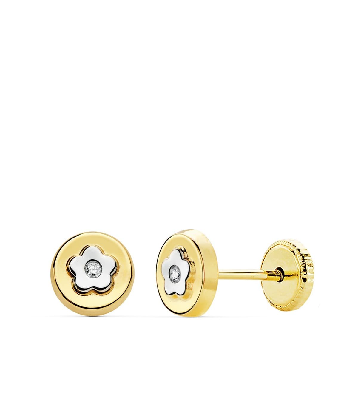 Pendientes Redondos Flor Oro Bicolor 18K 6mm