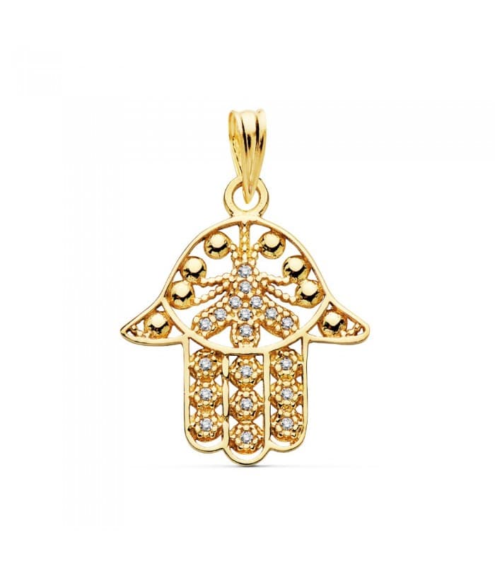 Colgante mano Fátima calada 18K 19mm amuleto suerte mal de ojo hamsa jamsa