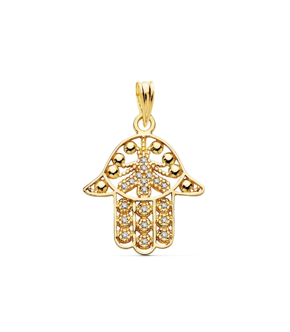 Colgante mano Fátima calada 18K 19mm amuleto suerte mal de ojo hamsa jamsa
