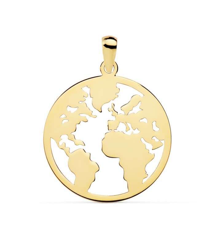 Colgante grande Flat World Oro Amarillo 18K 20 mm - Mapamundi Brillo collar bola del mundo moderno tendencias mujer joyas