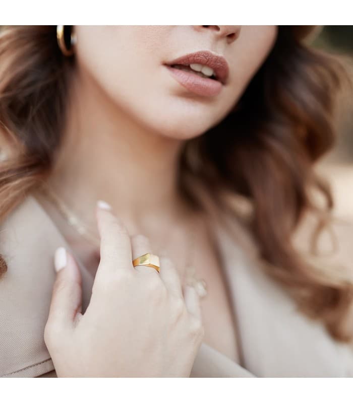 Sello personalizado ÓSCAR Oro Amarillo 18K Cuadrado Cadete niño primera comunión anillo sello Mujer moderno