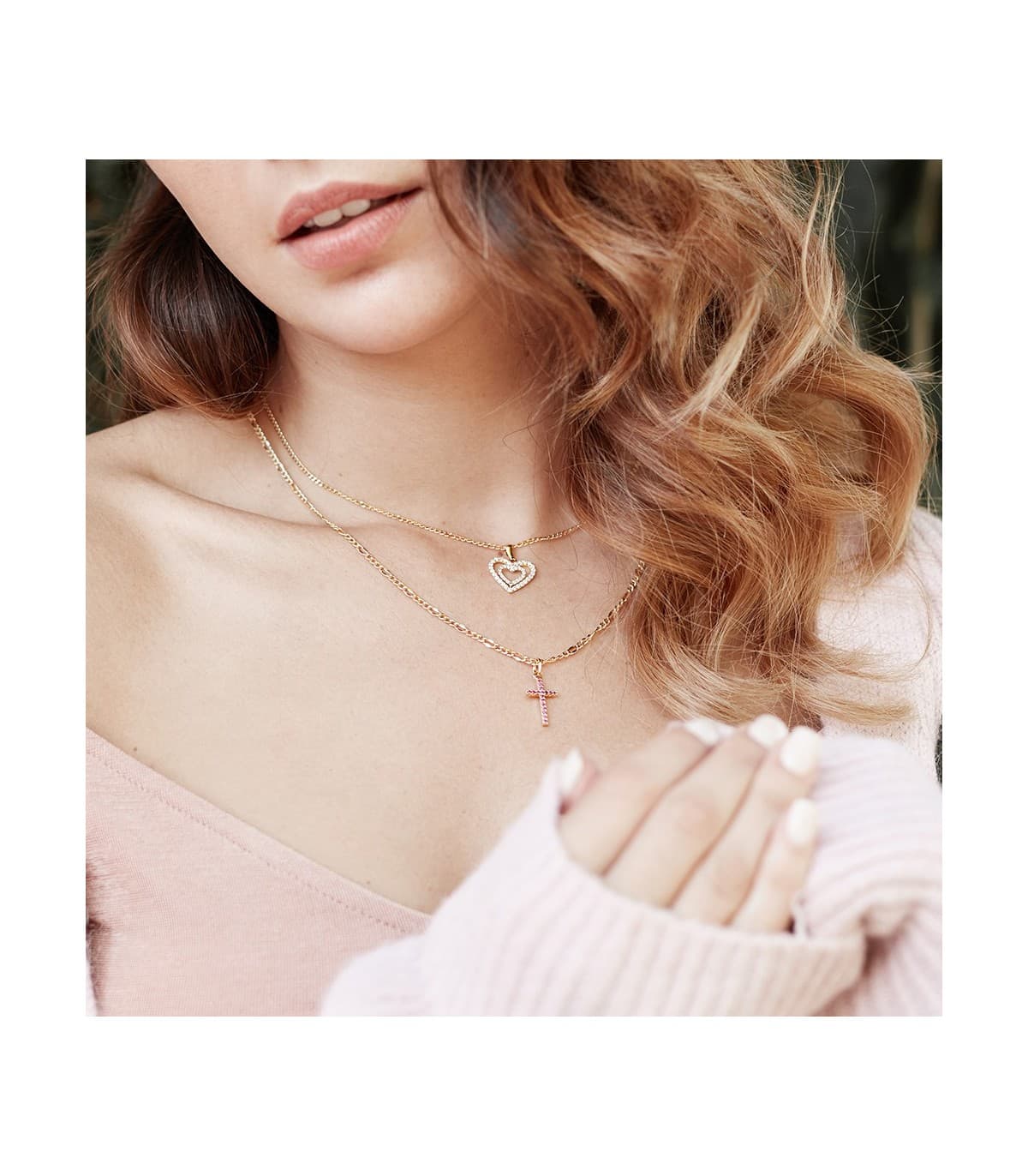 Ciondolo da donna Croce zirconi rosa, oro 18 kt, 16mm | Croce con pietre colorate