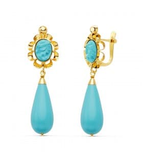 Pendientes Cubanas Yaiza Turquesa Oro Amarillo 18K 38mm