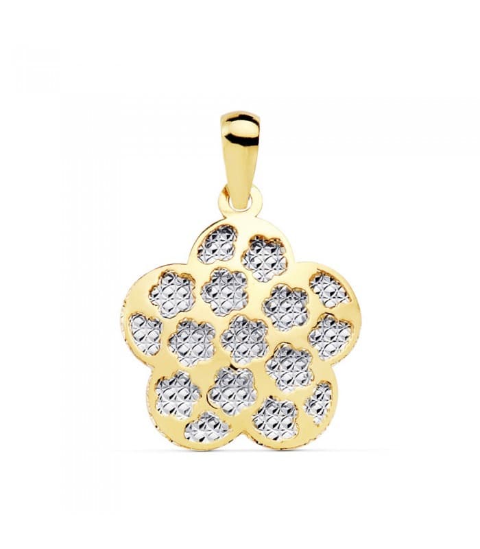 Blume Goldanhänger 18 Karat, mit Gravur und Struktur diamantiert, 17 mm