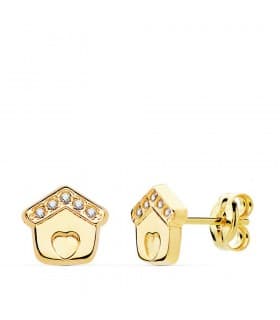Pendientes Niña Casitas Oro Amarillo 18 Kilates 7 mm originales casas cierre presion